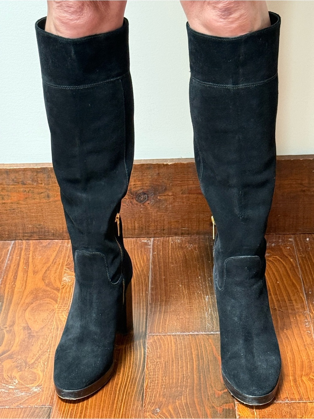 Michael Kors Black Suede Knee-High Platform Boots with Gold Zip Accent - Picture 2 of 6